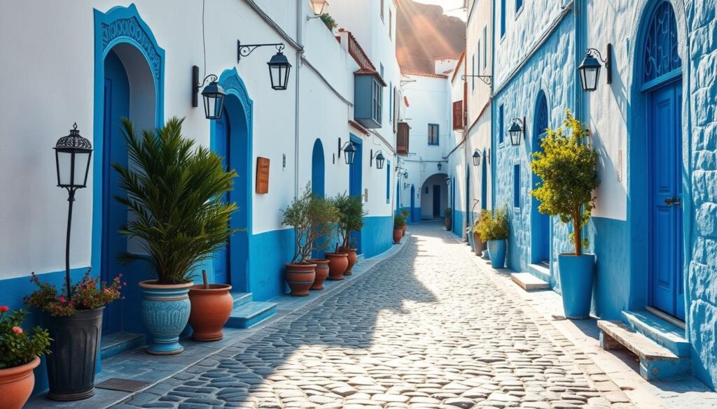 A vibrant cobblestone street winds through the picturesque Moroccan city of Chefchaouen, bathed in a serene azure hue. Quaint buildings with whitewashed walls and ornate blue doorways line the pathway, casting soft shadows across the ground. Lush potted plants and intricate iron lanterns adorn the facades, adding to the charming ambiance. Shafts of warm, golden sunlight filter through the narrow alleys, creating a captivating interplay of light and color. The scene exudes a sense of tranquility and timelessness, inviting the viewer to immerse themselves in the unique character of this enchanting Moroccan destination.
