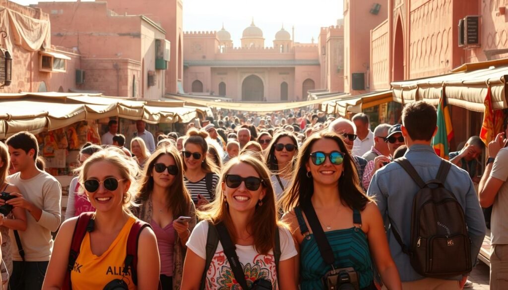 A vibrant group of travelers exploring a personalized Moroccan journey, bathed in warm, golden light. In the foreground, a diverse mix of individuals - families, friends, and solo adventurers - immersed in the rich cultural tapestry, capturing memories with cameras and smartphones. The middle ground showcases a bustling local market, with vendors and artisans showcasing their wares. In the background, the iconic architecture of Marrakech's medina, with its intricate patterns and earthy tones, creates a captivating backdrop. The mood is one of discovery, wonder, and the sense of a truly immersive, customized travel experience.