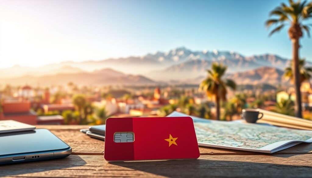 A vibrant, high-resolution image of the ideal tourist SIM card for Morocco. In the foreground, a sleek, modern-looking SIM card with a Moroccan flag design, resting on a wooden surface. The SIM card is surrounded by related accessories such as a smartphone, a travel guide, and a map of Morocco, all bathed in warm, natural lighting. The middle ground features a picturesque Moroccan landscape, with colorful buildings, palm trees, and a hazy, sun-drenched atmosphere. In the background, a majestic Atlas Mountains range, their snow-capped peaks creating a striking contrast against the clear, azure sky. The overall scene conveys a sense of adventure, connectivity, and the perfect balance of technology and Moroccan cultural immersion for the discerning tourist. A vibrant, high-resolution image of the ideal tourist SIM card for Morocco. In the foreground, a sleek, modern-looking SIM card with a Moroccan flag design, resting on a wooden surface. The SIM card is surrounded by related accessories such as a smartphone, a travel guide, and a map of Morocco, all bathed in warm, natural lighting. The middle ground features a picturesque Moroccan landscape, with colorful buildings, palm trees, and a hazy, sun-drenched atmosphere. In the background, a majestic Atlas Mountains range, their snow-capped peaks creating a striking contrast against the clear, azure sky. The overall scene conveys a sense of adventure, connectivity, and the perfect balance of technology and Moroccan cultural immersion for the discerning tourist.