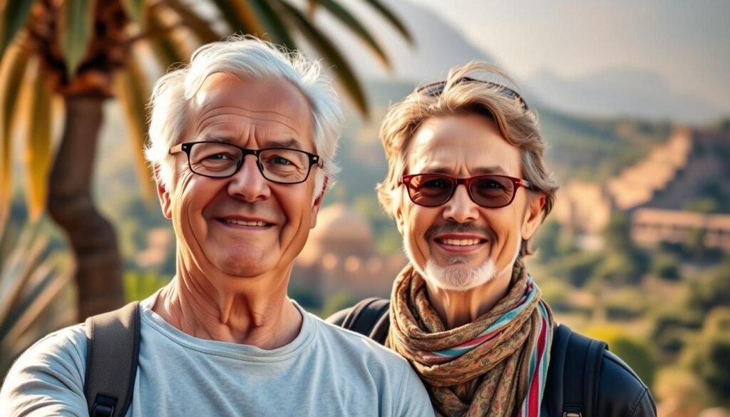 A vibrant illustration of travel insurance protection, with a middle-aged couple standing in the foreground, their faces radiating a sense of security and peace of mind. In the background, a lush, verdant landscape unfolds, representing the carefree exploration of a foreign destination. Soft, warm lighting bathes the scene, accentuating the couple's expressions and the tranquil atmosphere. The image conveys the importance of travel insurance, providing a visual representation of the protection and reassurance it offers during a journey, seamlessly aligning with the article's focus on budgeting for a Morocco trip.