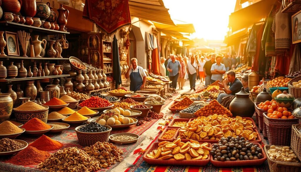 A vibrant marketplace in Tafraoute, Morocco, with an array of local delicacies arranged on colorful woven rugs. In the foreground, an assortment of fragrant spices, dried fruits, and traditional pastries. The middle ground showcases handcrafted pottery, intricate metalwork, and artisanal textiles. In the background, the bustling crowd of locals and tourists, creating a lively atmosphere. Warm, golden sunlight filters through the stalls, casting a soft, inviting glow. The scene captures the essence of the region's rich culinary heritage and the vibrant spirit of Moroccan culture. A vibrant marketplace in Tafraoute, Morocco, with an array of local delicacies arranged on colorful woven rugs. In the foreground, an assortment of fragrant spices, dried fruits, and traditional pastries. The middle ground showcases handcrafted pottery, intricate metalwork, and artisanal textiles. In the background, the bustling crowd of locals and tourists, creating a lively atmosphere. Warm, golden sunlight filters through the stalls, casting a soft, inviting glow. The scene captures the essence of the region's rich culinary heritage and the vibrant spirit of Moroccan culture.
