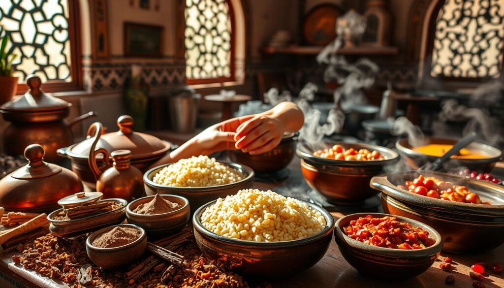 A vibrant mosaic of Moroccan culinary delights, captured in a sun-dappled kitchen. In the foreground, an array of fragrant spices - cumin, cinnamon, paprika - nestled alongside clay tagines and a traditional copper teapot. In the middle, skilled hands deftly roll and shape plump couscous pearls, while in the background, aromatic steam rises from simmering stews, their rich hues of saffron and pomegranate. Warm, earthy tones pervade the scene, complemented by the soft glow of natural light filtering through ornate windows. This image celebrates the diverse flavors, textures, and techniques that define the heart of Moroccan cuisine.