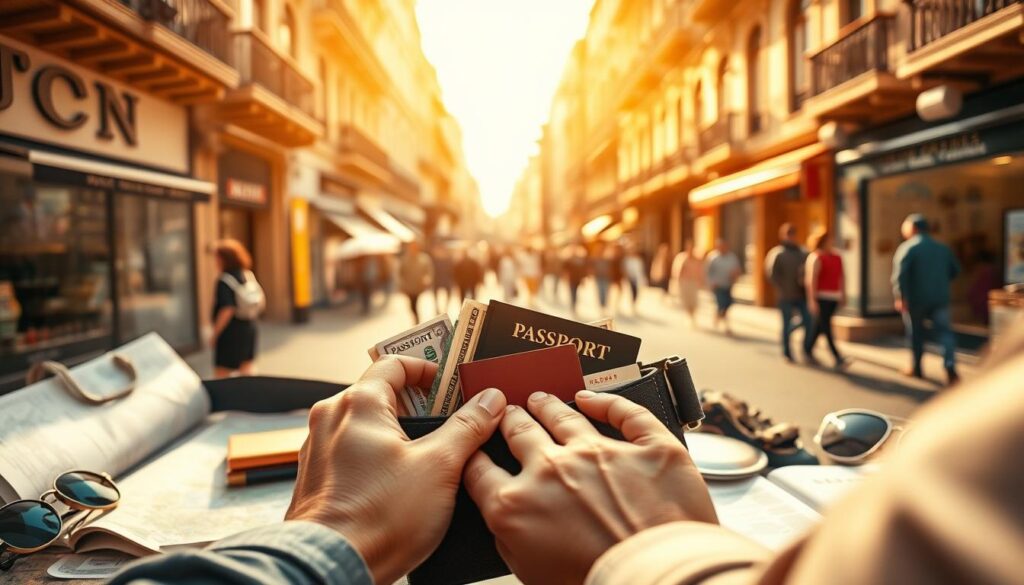 A vibrant scene depicting practical money safety tips for travelers. In the foreground, a person's hands carefully stashing cash, cards, and passport into a secure money belt. The middle ground showcases a map, guidebook, and sunglasses - essential travel accessories. In the background, a bustling city street with buildings, shops, and people create an immersive atmosphere. Warm natural lighting casts a golden glow, conveying a sense of adventure and discovery. The overall mood is one of organized preparedness, reflecting the need to keep finances secure while on the go.