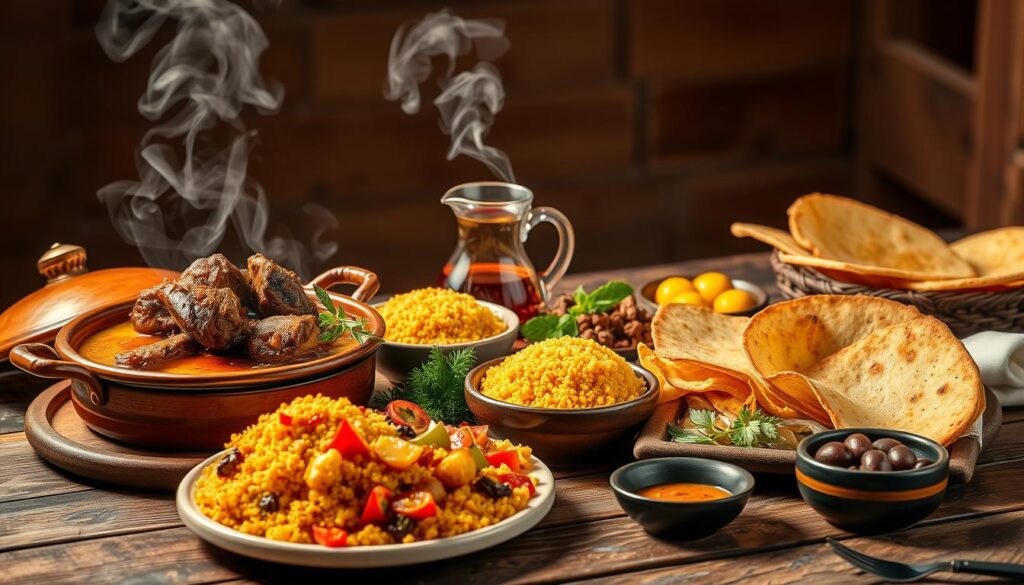 A vibrant spread of traditional Moroccan dishes, meticulously arranged on a rustic wooden table. In the foreground, a steaming tagine pot with tender lamb, saffron-infused couscous, and a colorful assortment of roasted vegetables. Alongside, a platter of crisp, flaky msemmen flatbreads and a selection of fragrant Moroccan spices. In the middle ground, a glass carafe of mint tea, its steam rising gracefully, and a small dish of olives and pickled lemons. The background features a warm, ambient lighting, casting a golden glow over the scene, evoking the essence of Moroccan culinary tradition. The overall composition exudes an inviting and authentic atmosphere, capturing the essence of the "Culinary Delights: Taste of Morocco" section.