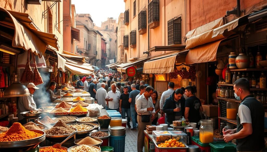A vibrant street food market in Morocco, bustling with activity. In the foreground, vendors hawk fragrant spices, sizzling tagines, and freshly squeezed juices. The middle ground is a maze of colorful stalls, filled with locals navigating the narrow aisles, sampling delicacies. In the background, the weathered facades of ancient buildings provide a timeless backdrop, illuminated by warm, golden sunlight filtering through the crowded alleyways. The scene is alive with the sounds of sizzling pans, haggling customers, and the aroma of exotic cuisines, creating an immersive, sensory experience for the discerning food adventurer.