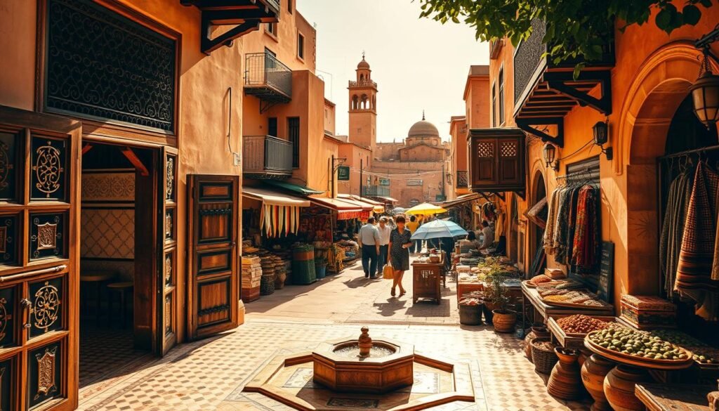 A vibrant, sun-drenched Moroccan city, with traditional architecture lining narrow, winding streets. In the foreground, a quaint riad, its ornate wooden doors and wrought-iron balconies framing a tranquil courtyard. Intricately tiled floors and a bubbling fountain create a serene oasis amidst the bustling city. The middle ground reveals a bustling marketplace, stalls overflowing with colorful textiles, spices, and handcrafted wares. In the background, the iconic silhouettes of minarets and domes punctuate the skyline, casting long shadows over the scene. Warm, golden light filters through the streets, infusing the entire image with a sense of timeless Moroccan charm.