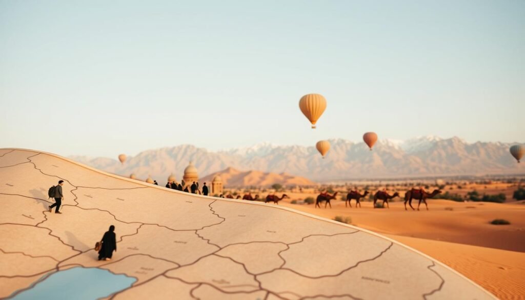 A vibrant travel itinerary unfolds, showcasing the captivating landscapes of Morocco. In the foreground, a hand-drawn map guides the viewer through winding desert paths, oasis-dotted valleys, and bustling city souks. The middle ground features silhouetted figures exploring ancient kasbahs, hot air balloons drifting over ochre-hued dunes, and camels ambling across the horizon. In the background, the Atlas Mountains rise majestically, their snow-capped peaks bathed in warm, golden light. The scene conveys a sense of adventure, flexibility, and the endless possibilities for customizing a Moroccan travel experience. Soft, diffused lighting and a muted color palette evoke a dreamlike, yet authentic, atmosphere.