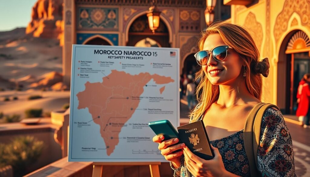 A vibrant travel safety guide for Morocco, showcasing practical tips against a backdrop of desert landscapes and traditional architecture. In the foreground, a woman packs a travel kit with essentials like a first-aid kit, passport, and a mobile phone. The middle ground features a map of Morocco highlighting key safety information, while the background depicts a bustling medina with intricate tile work and ornate doorways. Warm, golden lighting illuminates the scene, creating an atmosphere of cultural richness and informed preparedness. Captured with a wide-angle lens to convey a sense of scale and immersion.