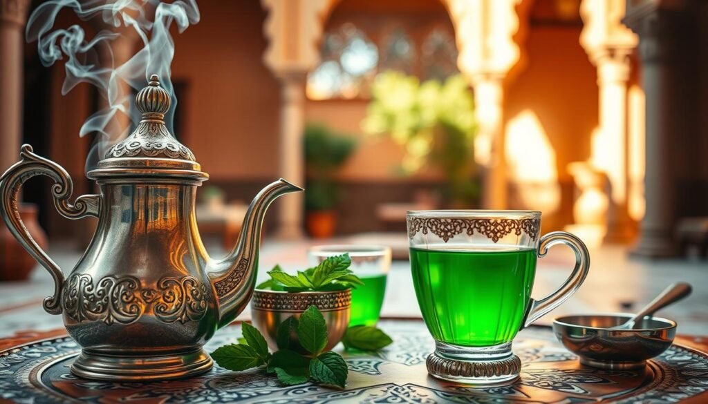 A visually stunning and immersive scene of traditional Moroccan mint tea preparation. In the foreground, a hand-crafted silver teapot with intricate designs, steam rising from the spout. Beside it, a glass filled with the vibrant green tea, complemented by fresh mint sprigs and a silver sugar bowl. The middle ground features a beautifully crafted Moroccan-style tea tray, adorned with ornate patterns. In the background, a warm, sun-dappled setting with rich, earthy tones, reflecting the architecture and ambiance of a Moroccan courtyard or riad. The lighting is soft and diffused, creating a cozy, inviting atmosphere. The entire scene exudes the rich cultural heritage and artistry of Moroccan tea traditions. A visually stunning and immersive scene of traditional Moroccan mint tea preparation. In the foreground, a hand-crafted silver teapot with intricate designs, steam rising from the spout. Beside it, a glass filled with the vibrant green tea, complemented by fresh mint sprigs and a silver sugar bowl. The middle ground features a beautifully crafted Moroccan-style tea tray, adorned with ornate patterns. In the background, a warm, sun-dappled setting with rich, earthy tones, reflecting the architecture and ambiance of a Moroccan courtyard or riad. The lighting is soft and diffused, creating a cozy, inviting atmosphere. The entire scene exudes the rich cultural heritage and artistry of Moroccan tea traditions.