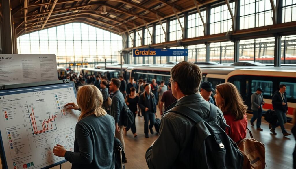 A well-lit interior scene of a busy train station concourse, with travelers planning their journeys. In the foreground, a group of people examining a detailed route map and schedule, gesturing and discussing their options. In the middle ground, a stream of passengers hurrying through the concourse, some carrying luggage. In the background, the silhouettes of trains and buses visible through large glass windows, conveying a sense of transport and connectivity. The lighting is warm and natural, creating a sense of hustle and anticipation. The camera angle is slightly elevated, providing an overview of the scene and emphasizing the scale and complexity of journey planning.