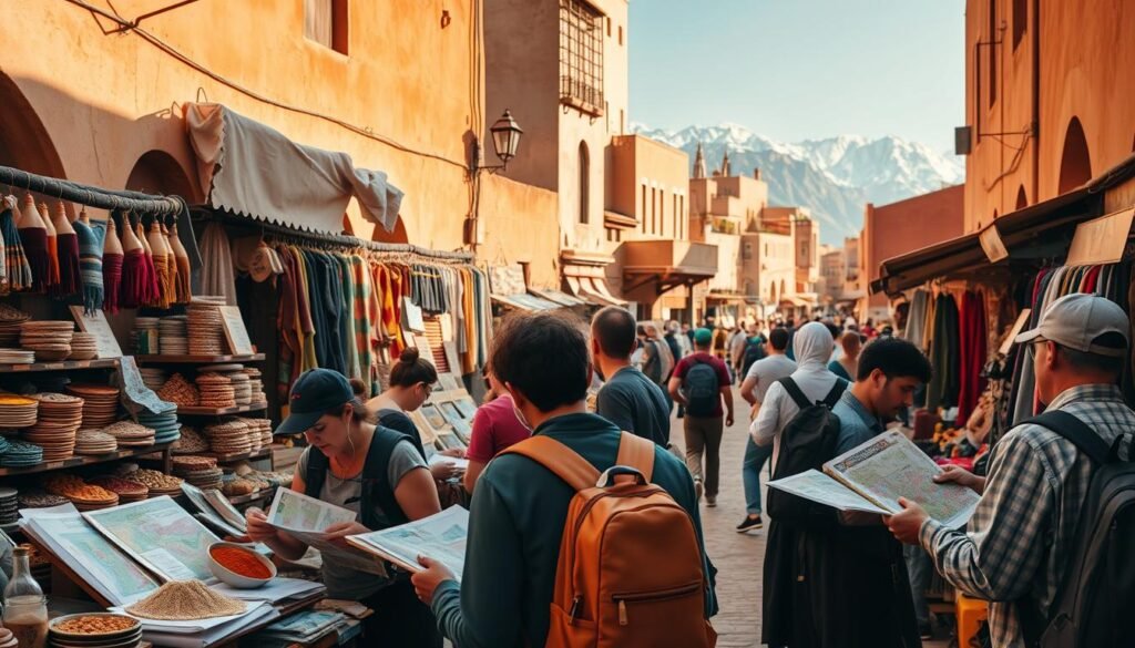 A wide, panoramic view of a Moroccan marketplace, bustling with activity. In the foreground, a group of backpackers poring over maps and guidebooks, calculating their budget. Stalls and shops line the winding alleys, displaying an array of spices, textiles, and handcrafted goods. Warm, golden lighting casts a soft glow, complementing the earthy tones of the adobe buildings. In the distance, the snow-capped peaks of the Atlas Mountains loom, hinting at the adventurous landscapes beyond. A sense of vibrant, yet organized, chaos pervades the scene, reflecting the dynamic nature of budgeting for a Moroccan backpacking journey.