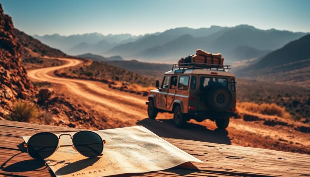 A winding, dusty Moroccan road winds through a rugged, sun-drenched landscape. In the foreground, a vintage map and a pair of sunglasses lie on a wooden table, hinting at the journey to come. The middle ground features a classic four-wheel-drive vehicle, its roof rack laden with luggage, ready to explore the hidden corners of the country. In the background, the Atlas Mountains rise majestically, their peaks capped with snow, creating a dramatic and awe-inspiring backdrop. The scene is illuminated by warm, golden sunlight, casting long shadows and infusing the image with a sense of adventure and exploration. The overall mood is one of anticipation and excitement, inviting the viewer to imagine themselves embarking on an unforgettable Moroccan road trip.