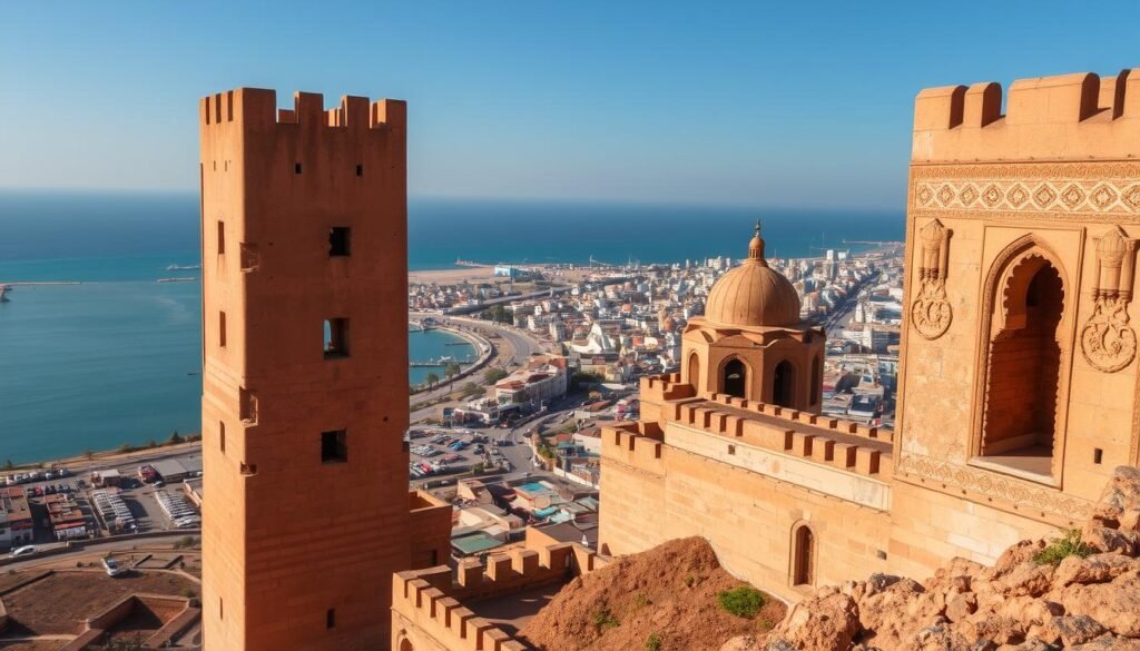 Agadir Oufella Kasbah, a captivating 16th-century hilltop fortress overlooking the vibrant city of Agadir, Morocco. In the foreground, the ancient stone walls and towers stand tall, their weathered surfaces casting dramatic shadows under the warm, golden sunlight. The middle ground reveals the intricate architectural details, from the ornate arches to the carefully crafted embellishments, inviting visitors to explore the rich history that permeates the site. In the background, the city of Agadir sprawls out below, with its bustling harbor, vibrant markets, and the stunning azure waters of the Atlantic Ocean serving as a stunning backdrop to this historic landmark. The overall atmosphere evokes a sense of timeless wonder, capturing the essence of Agadir's enduring cultural and architectural heritage. Agadir Oufella Kasbah, a captivating 16th-century hilltop fortress overlooking the vibrant city of Agadir, Morocco. In the foreground, the ancient stone walls and towers stand tall, their weathered surfaces casting dramatic shadows under the warm, golden sunlight. The middle ground reveals the intricate architectural details, from the ornate arches to the carefully crafted embellishments, inviting visitors to explore the rich history that permeates the site. In the background, the city of Agadir sprawls out below, with its bustling harbor, vibrant markets, and the stunning azure waters of the Atlantic Ocean serving as a stunning backdrop to this historic landmark. The overall atmosphere evokes a sense of timeless wonder, capturing the essence of Agadir's enduring cultural and architectural heritage.