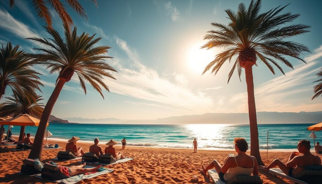 Agadir beach paradise Morocco: Radiant azure waters caress the golden sands, as swaying palm trees cast dappled shadows. In the foreground, sun-kissed beachgoers recline on plush towels, sipping fragrant mint tea. Majestic Atlas Mountains loom in the distance, their snow-capped peaks a breathtaking backdrop. Warm, diffused lighting filters through wispy clouds, creating a serene, cinematic atmosphere. A wide-angle lens captures the expansive scene, showcasing the picturesque harmony between land, sea, and sky that defines this Moroccan coastal oasis.