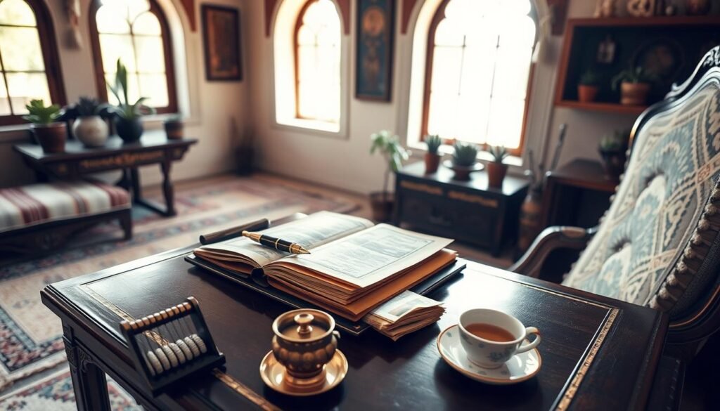 An elegant brass-framed desk in a cozy Moroccan study, sunlight streaming through arched windows. On the desk, a leather-bound ledger, a brass fountain pen, and neatly stacked Moroccan dirham notes. In the foreground, a small brass abacus and a cup of mint tea. Behind, plush woven rugs, carved wooden shelves, and potted succulents. Warm, earthy tones create a serene, contemplative atmosphere, perfect for thoughtful money management.