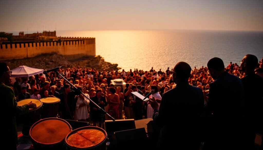 An evening scene at the Gnaoua World Music Festival in Essaouira, Morocco. In the foreground, a group of musicians perform on stage, playing traditional Gnaoua rhythms on hand drums, metal castanets, and lute-like instruments. The middle ground features the vibrant crowd, swaying and dancing to the captivating music. In the background, the ancient ramparts of the coastal town frame the scene, with the vast, shimmering Atlantic Ocean visible beyond. Warm, golden light bathes the entire setting, creating an atmosphere of cultural celebration and musical immersion. An evening scene at the Gnaoua World Music Festival in Essaouira, Morocco. In the foreground, a group of musicians perform on stage, playing traditional Gnaoua rhythms on hand drums, metal castanets, and lute-like instruments. The middle ground features the vibrant crowd, swaying and dancing to the captivating music. In the background, the ancient ramparts of the coastal town frame the scene, with the vast, shimmering Atlantic Ocean visible beyond. Warm, golden light bathes the entire setting, creating an atmosphere of cultural celebration and musical immersion.