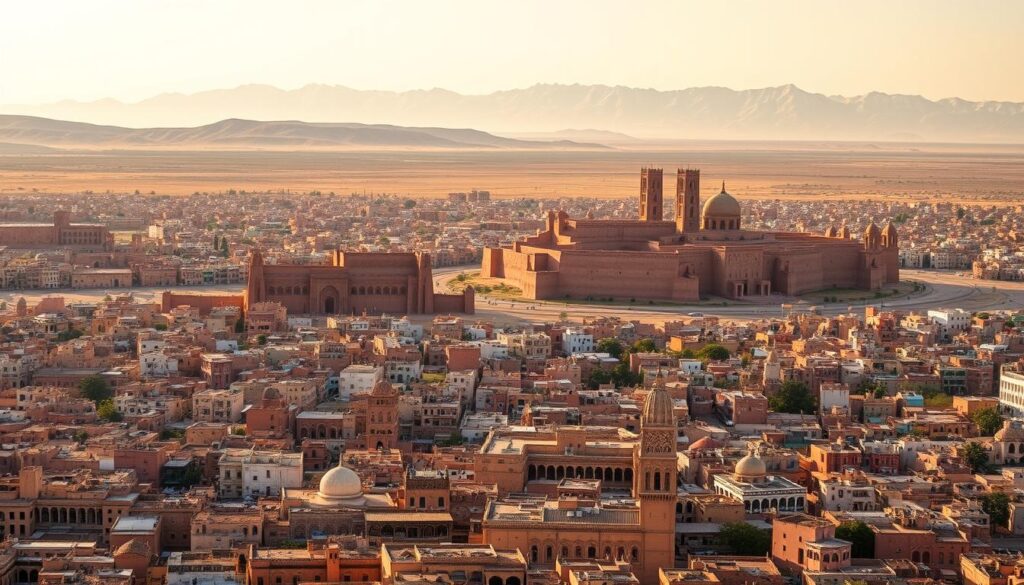 An expansive aerial view of the majestic cities of Morocco, showcasing their architectural wonders and vibrant culture. In the foreground, the labyrinthine medinas of Fez and Marrakech come into focus, with their intricate alleyways, bustling markets, and iconic mosques. In the middle ground, the ancient kasbahs of Ouarzazate and Ait Benhaddou stand tall, their ochre-hued walls and towering gates evoking a sense of timelessness. In the distant background, the snow-capped peaks of the Atlas Mountains rise majestically, casting a serene and awe-inspiring backdrop to this stunning panorama. The scene is illuminated by a warm, golden light, capturing the essence of Morocco's captivating cities and their enduring appeal to travelers.