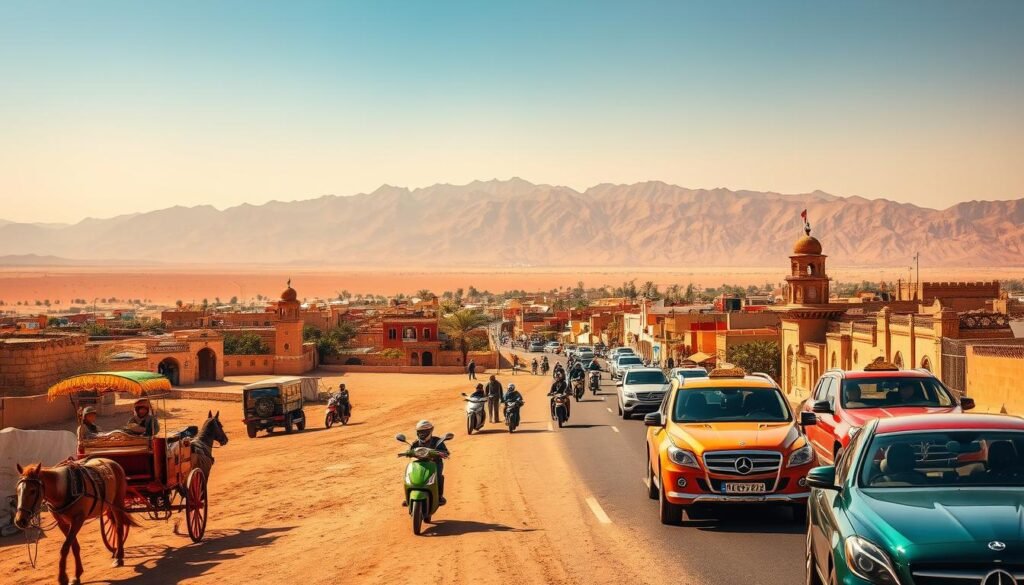 An expansive desert landscape in Morocco, with a vibrant and bustling medina in the foreground. In the middle ground, a variety of traditional modes of transportation are depicted: ornate horse-drawn carriages, colorful mopeds and motorbikes weaving through the streets, and the iconic Moroccan taxis - vintage Mercedes-Benz sedans in bold hues. In the background, the majestic Atlas Mountains rise up, their peaks shrouded in a hazy, golden light. The scene is bathed in warm, saturated tones, evoking the sun-drenched atmosphere of this enchanting North African country. The image captures the diversity and dynamism of Morocco's transportation options, from the historical to the modern, against the backdrop of its stunning natural and architectural beauty.
