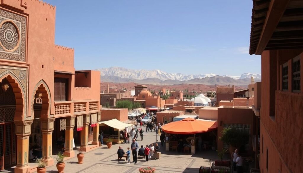 An expansive desert oasis, the varied accommodation prices of Morocco stretch out like a grand tapestry. In the foreground, a traditional Riad bursting with intricate arches and ornate tilework, its serene courtyard a hushed contrast to the lively street scene beyond. In the middle ground, a sun-dappled marketplace, vendors hawking their wares, the air thick with the scents of spice and incense. In the distance, the dramatic silhouettes of the High Atlas mountains, their snow-capped peaks catching the golden glow of the setting sun. Capture the essence of this vibrant, layered landscape - the interplay of old and new, the range of lodging options from budget hostels to opulent palaces, all wrapped in the distinctive Moroccan aesthetic.