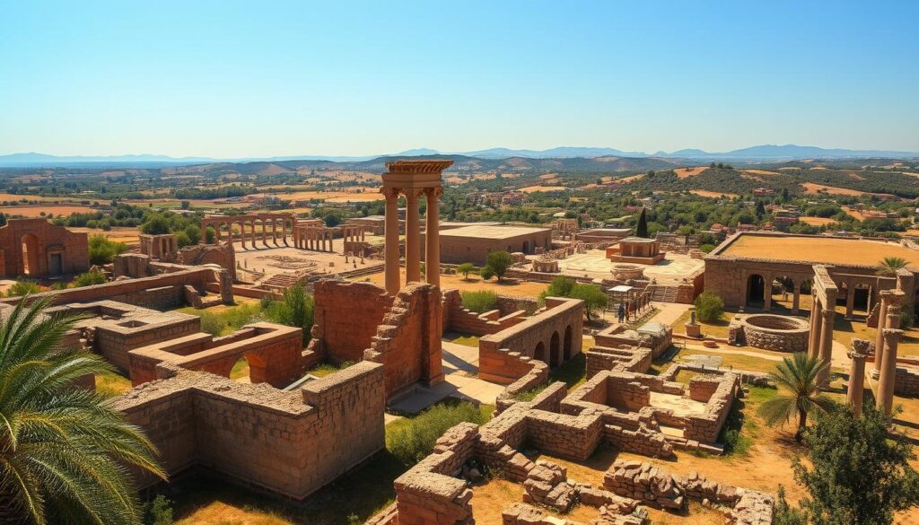 An expansive landscape of ancient Roman ruins, the majestic Volubilis stands amidst a tapestry of lush olive groves. Towering columns, crumbling arches, and intricate mosaics dot the sun-drenched site, painting a vivid picture of its storied past. In the foreground, weathered stone foundations and partially restored structures invite exploration, their weathered surfaces bathed in warm, golden light. The middle ground reveals the sweeping grandeur of the site, with winding paths and verdant foliage framing the impressive architectural remnants. In the distance, rolling hills and a hazy blue sky complete the picturesque scene, evoking a sense of timeless wonder. Captured with a wide-angle lens, this image conveys the majestic scale and captivating beauty of Volubilis, the ancient Roman gem nestled amidst the Moroccan countryside.