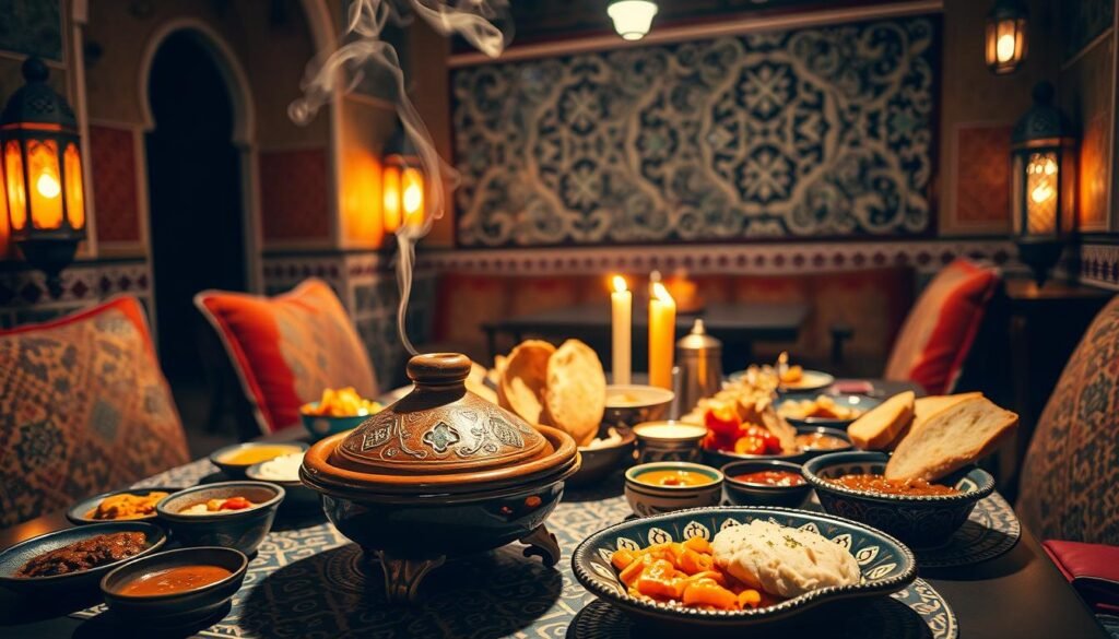An intimate Moroccan dining scene, bathed in warm, ambient lighting. In the foreground, a traditional tagine dish, its fragrant steam curling upwards, surrounded by an assortment of flavorful dips, breads, and condiments. In the middle ground, colorful Moroccan ceramics and metalwork adorn the table, creating a visually striking display. The background features intricate tile patterns, plush seating, and softly glowing lanterns, evoking the cozy atmosphere of a local family-owned restaurant. The overall scene exudes the rich cultural heritage and gastronomic delights of Morocco, presenting a budget-friendly dinner option that is both delicious and visually captivating.