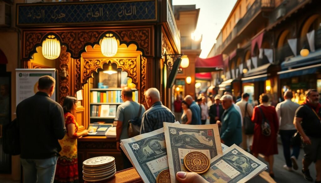 An ornate Moroccan currency exchange kiosk, illuminated by warm afternoon sunlight, situated on a bustling street in the heart of Marrakesh. The kiosk features intricately carved wooden panels and a tiled awning in vibrant hues of cobalt and saffron. Customers line up to exchange their foreign currency, their faces reflecting the local culture's blend of curiosity and hospitality. In the foreground, a display of Moroccan dirham notes and coins, their patterns and colors reflecting the country's rich heritage. In the background, the bustling activity of the medina, with vendors and passersby creating a lively, immersive scene.