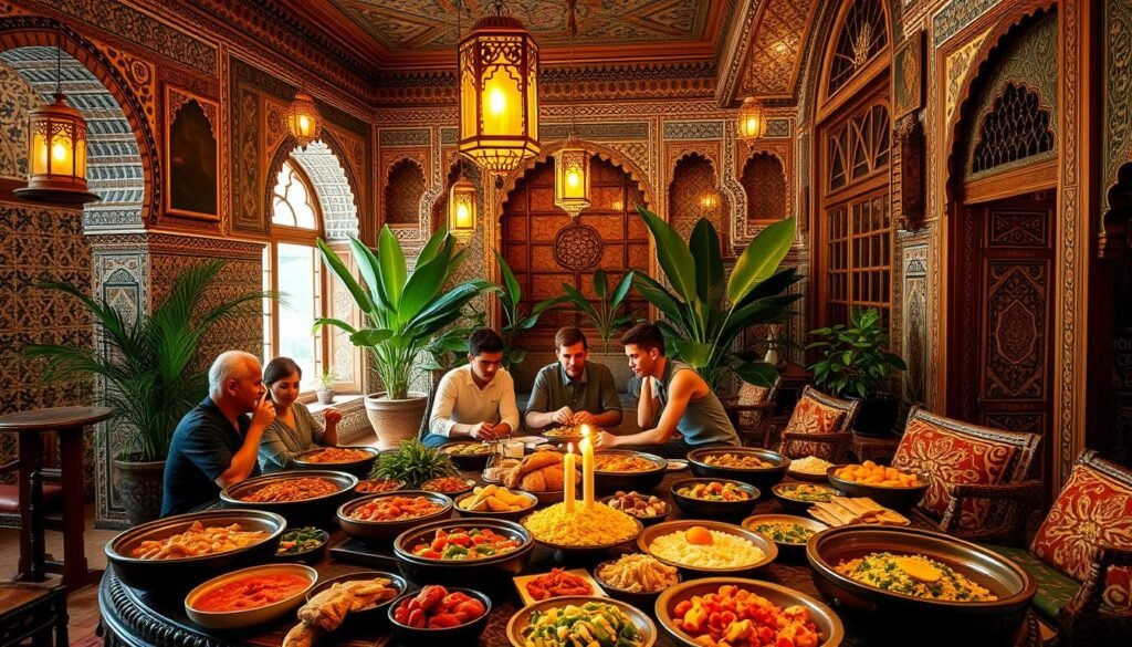 An ornate Moroccan dining room with intricate tile work, carved wooden furnishings, and hanging brass lanterns casting a warm, amber glow. In the foreground, a lavish spread of traditional dishes - fragrant tagines, couscous, fresh breads, and an array of colorful salads and dips. Middle-ground diners seated around a low table, engaged in animated conversation, savoring each bite. Lush potted plants and ornate textiles in the background, creating an immersive, sensorial atmosphere evocative of the country's rich culinary heritage.