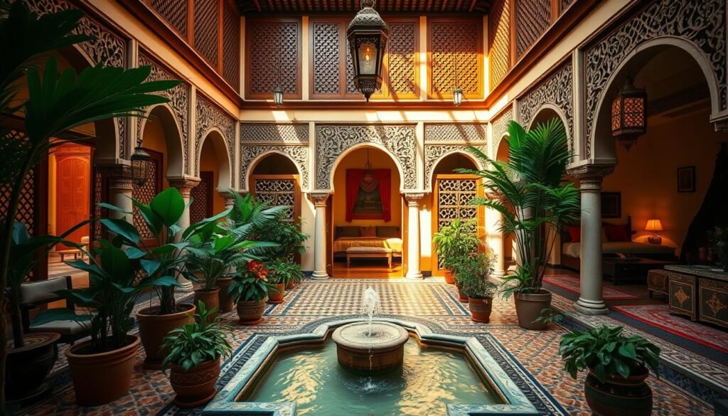An ornate Moroccan riad courtyard, bathed in warm, golden light filtering through intricately carved wooden screens. Lush potted plants and colorful ceramic tiles adorn the space, creating a serene and inviting ambiance. In the center, a tranquil fountain gently bubbles, its soothing sound echoing through the open-air layout. Ornate arched doorways lead to cozy guest rooms, each with its own unique character. Exquisite Moroccan lanterns and decorative textiles add to the authentically Moroccan atmosphere, transporting the viewer to the heart of Marrakech or Fez. This image perfectly captures the essence of a traditional riad accommodation, an oasis of calm and luxury in the bustling Moroccan cities.