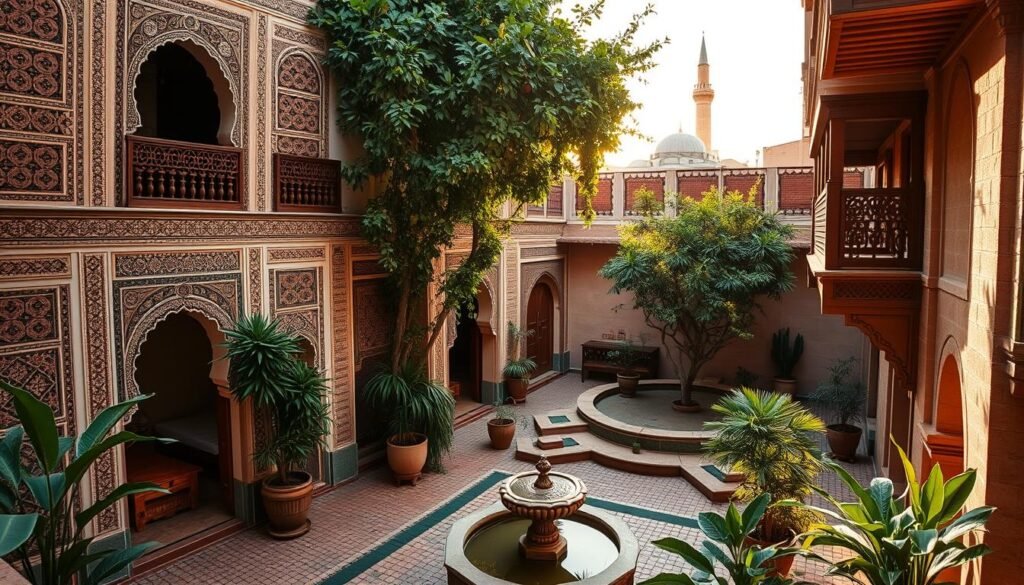 Authentic Moroccan riad nestled in the heart of a bustling medina, its intricate façade adorned with intricate tiles and ornate archways. The central courtyard, a serene oasis with a tranquil fountain, is surrounded by ornately carved wooden balconies and lush foliage. Warm, golden light filters through the open-air space, casting a cozy, inviting glow. In the distance, the minaret of a nearby mosque rises, echoing the rich cultural heritage of the region. The overall atmosphere exudes a sense of timeless elegance and traditional Moroccan hospitality, perfectly capturing the essence of a local, immersive accommodation experience.