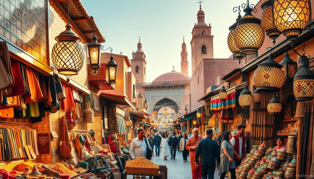 Bustling Moroccan marketplace, vibrant colors, rich textiles, and aromatic spices. Intricate mosaic tiles adorn the walls, casting warm, golden light. In the foreground, local artisans showcase their handcrafted wares - leather goods, hand-woven rugs, and ornate metalwork. The middle ground features a dazzling array of traditional Moroccan lanterns, their intricate patterns casting mesmerizing shadows. In the background, the iconic architecture of Marrakech's historic medina rises, with towering minarets and domed roofs. Capture the essence of Moroccan cultural experiences, where ancient traditions and modern tourism converge in a captivating visual symphony.