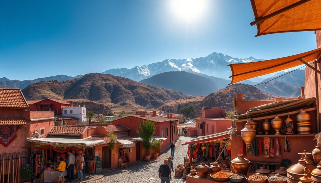 Charming villages nestled between rolling hills, with cobblestone streets winding past colorful adobe houses. A vibrant, bustling marketplace in the foreground, filled with vendors selling handcrafted textiles, fragrant spices, and gleaming copper cookware. Sunlight filters through the canopy of awnings, casting a warm, inviting glow. In the background, the majestic Atlas Mountains rise, their snow-capped peaks touching the azure sky. The scene radiates an atmosphere of timeless tradition, where the rhythms of daily life play out against a breathtaking natural backdrop. Charming villages nestled between rolling hills, with cobblestone streets winding past colorful adobe houses. A vibrant, bustling marketplace in the foreground, filled with vendors selling handcrafted textiles, fragrant spices, and gleaming copper cookware. Sunlight filters through the canopy of awnings, casting a warm, inviting glow. In the background, the majestic Atlas Mountains rise, their snow-capped peaks touching the azure sky. The scene radiates an atmosphere of timeless tradition, where the rhythms of daily life play out against a breathtaking natural backdrop.
