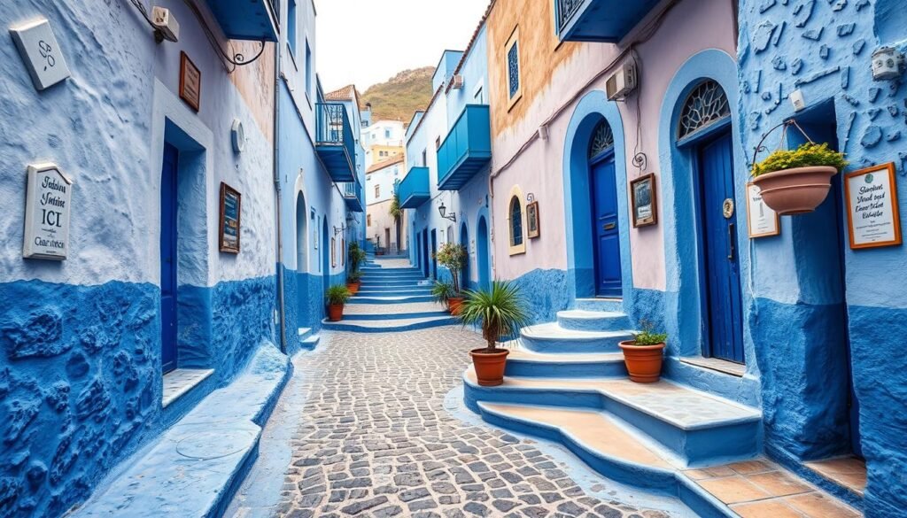 Chefchaouen, a serene Moroccan town nestled in the Rif Mountains, its winding streets bathed in a captivating shade of blue. Capture the essence of this "Blue Pearl" with a wide-angle lens, showcasing the vibrant hues that adorn the facades of quaint buildings, the steps, and the cobblestoned pathways. Angle the camera to frame the scene with a natural symmetry, allowing the viewer to fully immerse themselves in the tranquil atmosphere. Utilize soft, diffused lighting to accentuate the depth and textures, creating a sense of warmth and serenity. Convey the charm and budget-friendly allure of this enchanting destination, where every corner is a photographic delight.