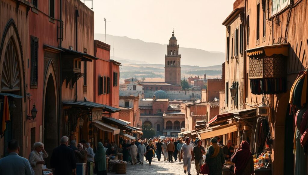 Explore the vibrant Fez Medina, an ancient walled city in Morocco. Capture the intricate facades of historic buildings, ornate archways, and bustling souks (markets) filled with artisanal crafts. Immerse yourself in the warm, golden light that filters through the narrow alleyways, casting intricate shadows. In the foreground, depict local merchants and shoppers haggling over treasures, their colorful garments and lively gestures bringing the scene to life. In the middle ground, showcase the iconic minaret of a historic mosque, its elegant silhouette rising above the rooftops. In the background, paint the rolling hills and distant mountains that surround the Fez Medina, creating a sense of timeless wonder and cultural richness.