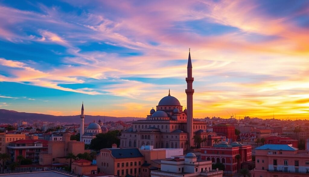 Generate an image of Casablanca's skyline featuring the Hassan II Mosque