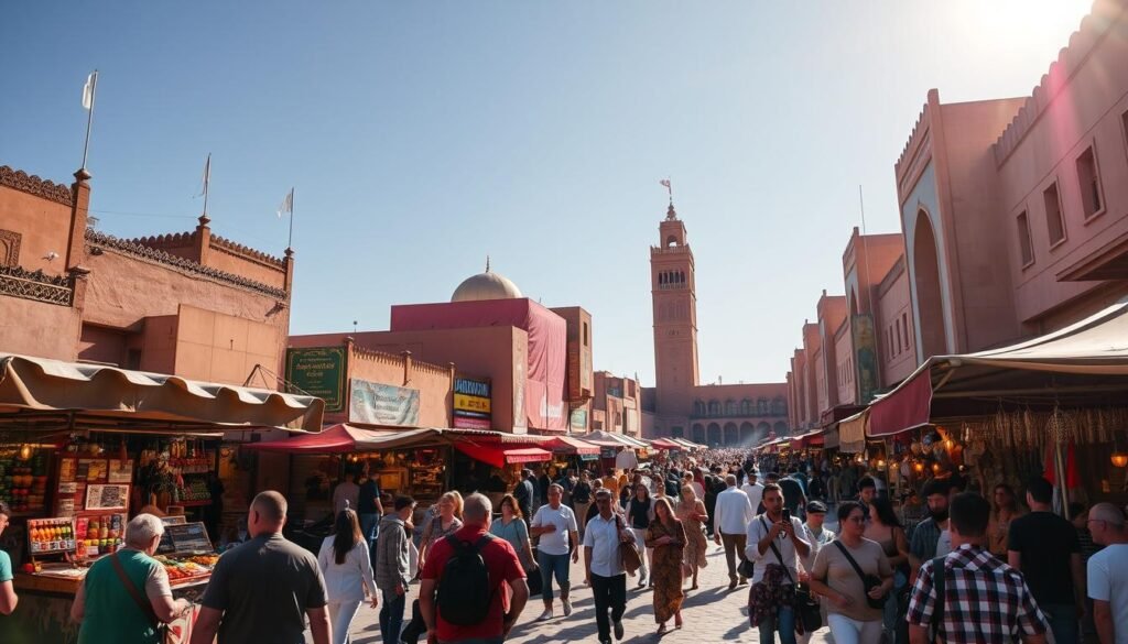 Generate an image of Marrakesh's vibrant Jemaa el-Fnaa square on a sunny day.