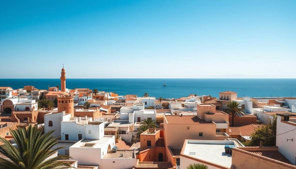 Generate an image of a serene Moroccan coastal town with a blend of traditional and modern architecture, under a clear blue sky.