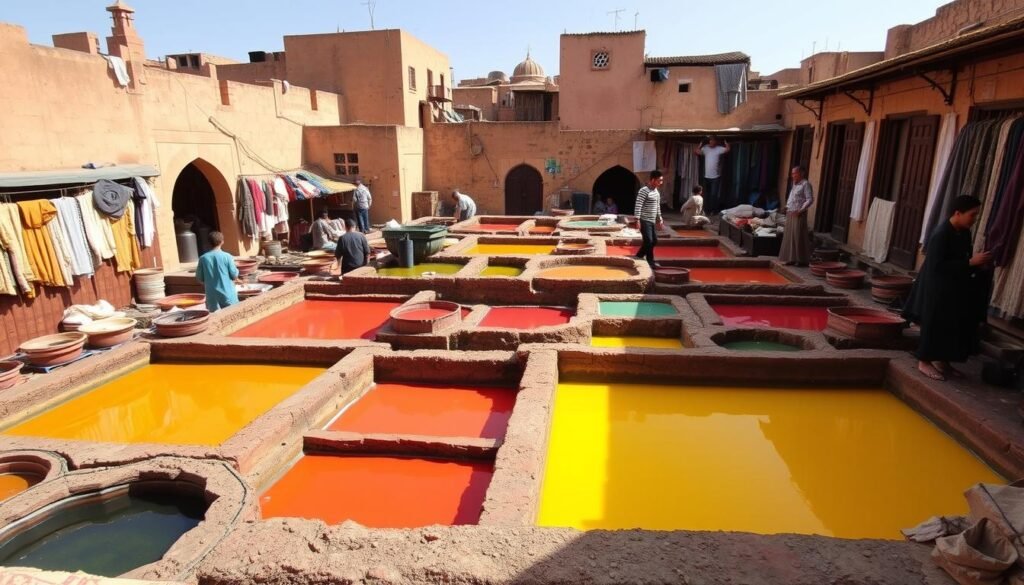 Generate an image of the Chouara Tannery in Fez, Morocco, showcasing the vibrant dye pits.