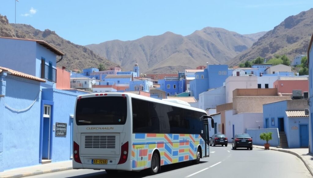 Image of a bus arriving in Chefchaouen