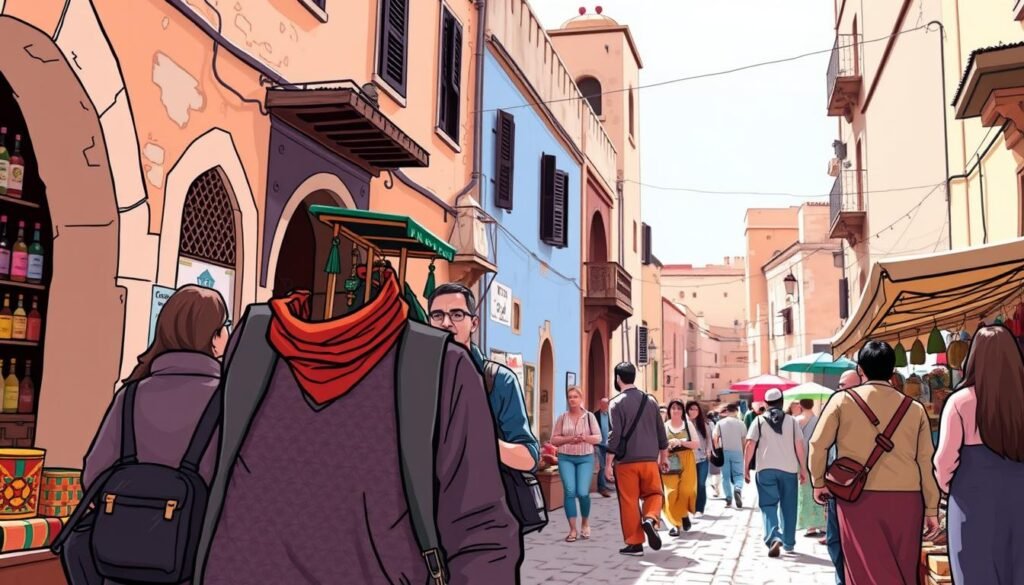 Image of a local guide leading a tour group through the ancient medina of Fez