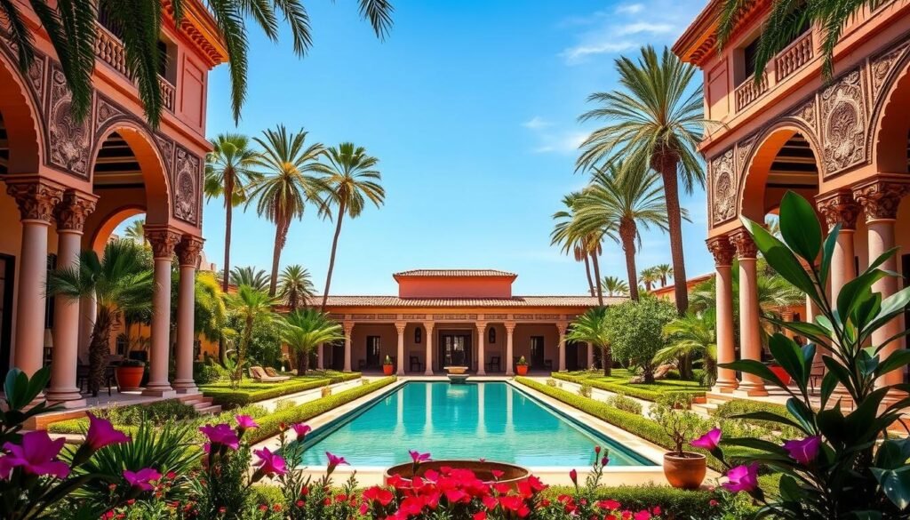 Image of a luxury hotel in Marrakech with a pool and garden