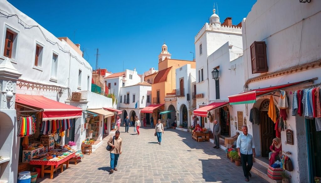 Image of a traditional Moroccan medina with whitewashed buildings and narrow streets