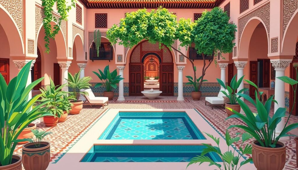 Image of a traditional riad in Marrakech with a central courtyard and pool