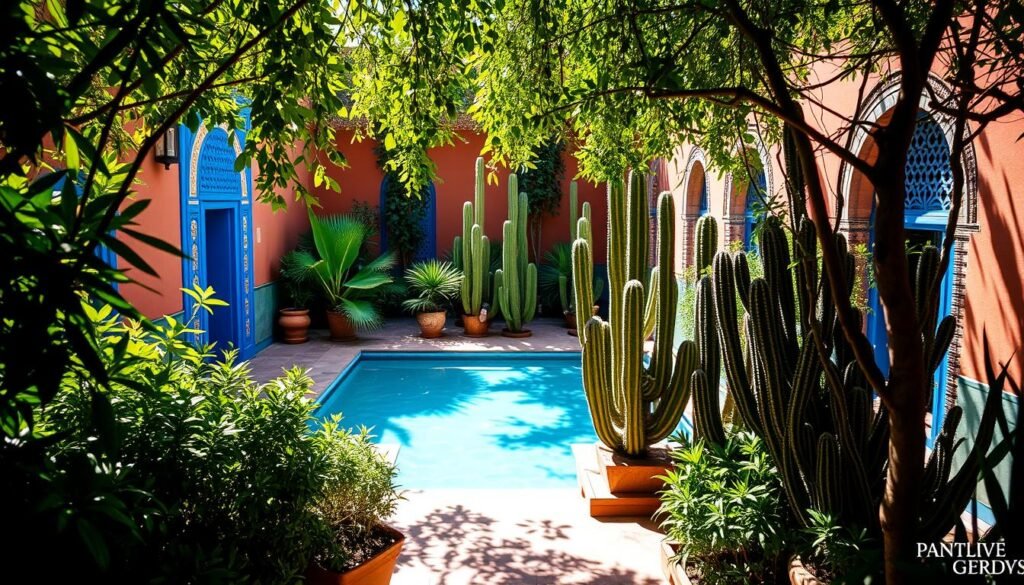 Jardin Majorelle: A Lush Oasis in Marrakech's Red City A vibrant, verdant escape nestled amidst Marrakech's iconic red architecture. Lush foliage frames the sun-dappled pathways, leading to azure pools and towering cacti. Intricate Moorish details adorn the buildings, their blue hues contrasting the earth tones of the surrounding structures. Dappled sunlight filters through the canopy, casting a warm glow and painting the scene with a serene, dreamlike quality. The air is filled with the soothing sounds of flowing water and the gentle rustling of leaves. This tranquil haven offers a peaceful respite from the bustling city, inviting visitors to immerse themselves in its captivating blend of nature and Moroccan design.