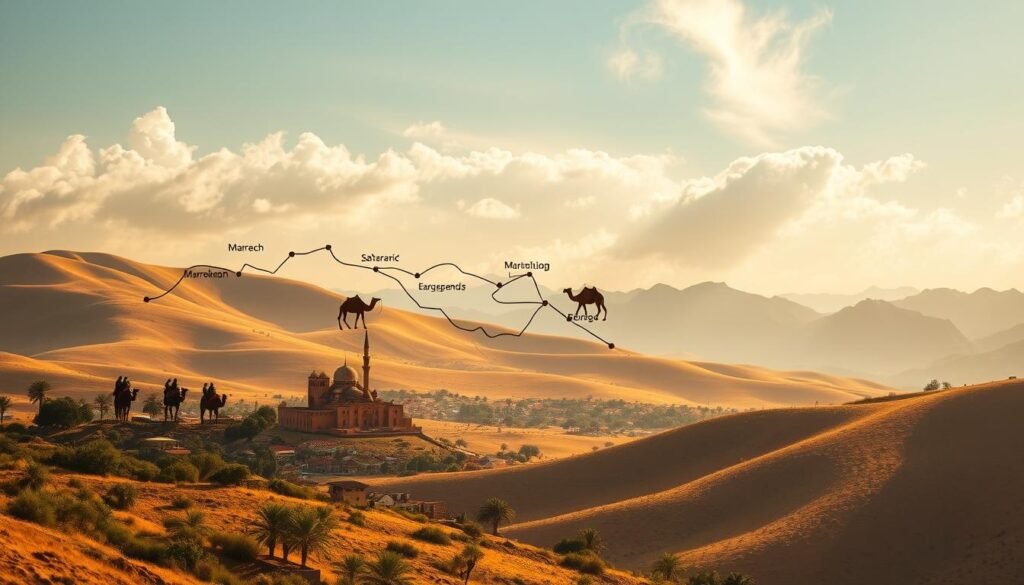 Lush, sun-dappled landscape of Morocco's rolling hills, dotted with vibrant adobe villages and palm-fringed oases. Warm, golden light filters through wispy clouds, casting a dreamy glow over a detailed travel itinerary map. Intricate lines trace ancient caravan routes, linking iconic destinations like Marrakech's bustling medina, the Saharan dunes of Erg Chebbi, and the snow-capped High Atlas mountains. Overlaid are silhouettes of camels, mosques, and Berber tents, hinting at the rich cultural tapestry that awaits the adventurous traveler. The scene evokes a sense of timeless wonder and the promise of unforgettable experiences. Lush, sun-dappled landscape of Morocco's rolling hills, dotted with vibrant adobe villages and palm-fringed oases. Warm, golden light filters through wispy clouds, casting a dreamy glow over a detailed travel itinerary map. Intricate lines trace ancient caravan routes, linking iconic destinations like Marrakech's bustling medina, the Saharan dunes of Erg Chebbi, and the snow-capped High Atlas mountains. Overlaid are silhouettes of camels, mosques, and Berber tents, hinting at the rich cultural tapestry that awaits the adventurous traveler. The scene evokes a sense of timeless wonder and the promise of unforgettable experiences.