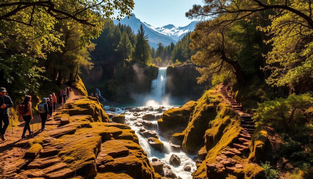 Lush, verdant mountain trails winding alongside cascading Akchour waterfalls, flowing over mossy rocks in the Rif Mountains of northern Morocco. Sunlight filters through the canopy, casting a warm, golden glow across the scene. Hikers traverse the rugged path, taking in the breathtaking vistas of the emerald pools and misty, tiered falls. In the background, rugged, snow-capped peaks rise up, creating a dramatic, natural backdrop. The overall atmosphere is one of serene, untamed beauty, inviting the viewer to explore this hidden gem of the Moroccan countryside.