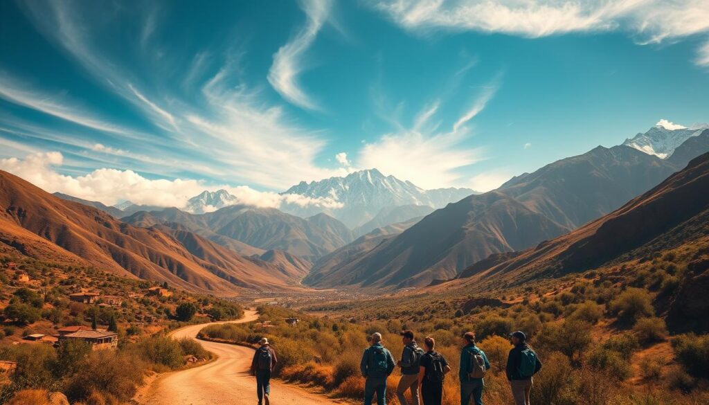 Majestic Atlas Mountains in Morocco, their snow-capped peaks piercing the azure sky. A winding dirt road leads through lush valleys, dotted with traditional Berber villages and orchards bursting with citrus. Golden sunlight filters through wispy clouds, casting a warm glow over the rugged terrain. In the foreground, a group of hikers pause to take in the breathtaking vista, their adventurous spirits ignited by the grandeur of nature. Capture the essence of Morocco's untamed wilderness, a land of contrasts and wonder, in a wide-angle, cinematic composition.