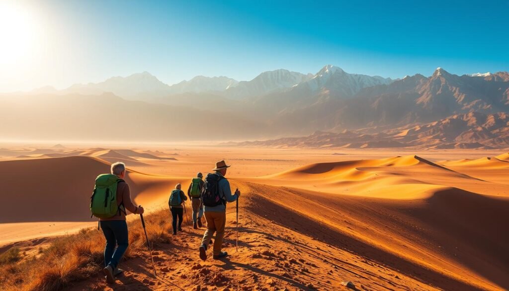 Majestic Atlas Mountains rise in the distance, their snow-capped peaks piercing the azure sky. In the foreground, a group of adventurous hikers traverse a rugged, winding trail, their backpacks and trekking poles lending a sense of exploration. The warm, golden light of the Saharan sun bathes the scene, casting long shadows across the ochre sands. Ahead, the vast expanse of the Moroccan desert unfolds, dotted with towering dunes and the occasional oasis. The mood is one of exhilaration and wonder, capturing the essence of adventure travel through Morocco's dramatic landscapes. Majestic Atlas Mountains rise in the distance, their snow-capped peaks piercing the azure sky. In the foreground, a group of adventurous hikers traverse a rugged, winding trail, their backpacks and trekking poles lending a sense of exploration. The warm, golden light of the Saharan sun bathes the scene, casting long shadows across the ochre sands. Ahead, the vast expanse of the Moroccan desert unfolds, dotted with towering dunes and the occasional oasis. The mood is one of exhilaration and wonder, capturing the essence of adventure travel through Morocco's dramatic landscapes.