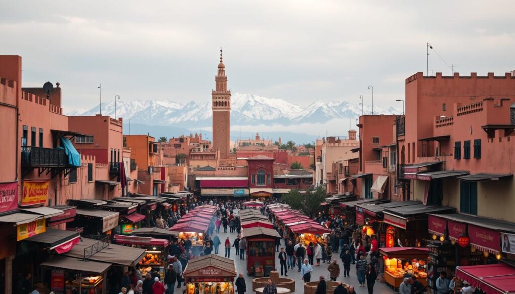 Marrakech's bustling medina, a labyrinth of vibrant souks and historic monuments. In the foreground, the iconic Jemaa el-Fnaa square, teeming with snake charmers, food stalls, and lively street performers. The middle ground features the majestic Koutoubia Mosque, its towering minaret casting a warm glow. In the background, the snow-capped Atlas Mountains rise, creating a stunning contrast against the terracotta-colored city. Soft, diffused lighting illuminates the scene, capturing the enchanting atmosphere of this Moroccan cultural hub. A wide-angle lens captures the expansive, immersive nature of this must-visit destination for beginner travelers.