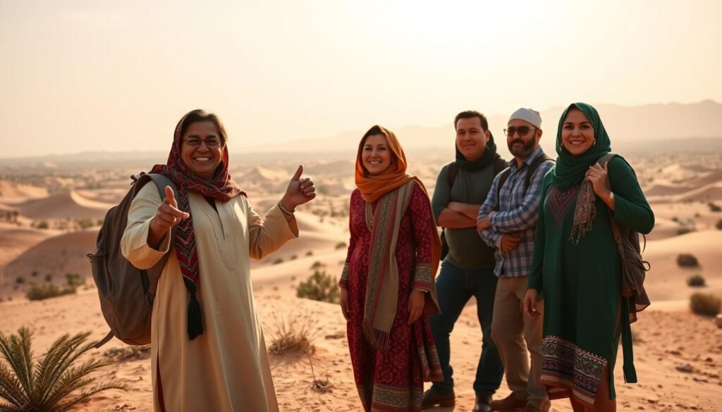 Prompt A group of experienced Moroccan tour guides, dressed in traditional attire, standing in a scenic desert landscape. The foreground features the guides, their faces radiating warmth and expertise, as they gesture toward the distant horizon. The middle ground showcases the rugged, sun-drenched terrain, with undulating dunes and sparse vegetation. The background is dominated by a majestic, cloudless sky, bathed in a soft, golden light. The overall atmosphere conveys a sense of adventure, cultural authenticity, and the guides' deep connection to the land they inhabit. Prompt A group of experienced Moroccan tour guides, dressed in traditional attire, standing in a scenic desert landscape. The foreground features the guides, their faces radiating warmth and expertise, as they gesture toward the distant horizon. The middle ground showcases the rugged, sun-drenched terrain, with undulating dunes and sparse vegetation. The background is dominated by a majestic, cloudless sky, bathed in a soft, golden light. The overall atmosphere conveys a sense of adventure, cultural authenticity, and the guides' deep connection to the land they inhabit.