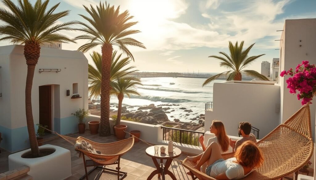 Serene coastal hostel nestled in the charming seaside town of Essaouira, Morocco. Whitewashed buildings with traditional Moorish architecture, surrounded by lush palm trees and swaying bougainvillea. A cozy patio offers panoramic views of the windswept beach, where waves crash against rocky outcrops. Warm, golden sunlight filters through wispy clouds, casting a soft, dreamy glow over the scene. Guests relax on woven hammocks, sipping mint tea and admiring the picturesque harbor in the distance. An atmosphere of laid-back beach town tranquility pervades the hostel, promising an unforgettable Moroccan coastal experience. Serene coastal hostel nestled in the charming seaside town of Essaouira, Morocco. Whitewashed buildings with traditional Moorish architecture, surrounded by lush palm trees and swaying bougainvillea. A cozy patio offers panoramic views of the windswept beach, where waves crash against rocky outcrops. Warm, golden sunlight filters through wispy clouds, casting a soft, dreamy glow over the scene. Guests relax on woven hammocks, sipping mint tea and admiring the picturesque harbor in the distance. An atmosphere of laid-back beach town tranquility pervades the hostel, promising an unforgettable Moroccan coastal experience.